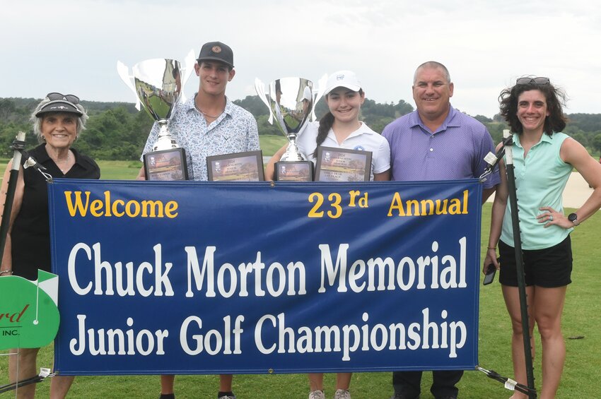 Terrance Kempson and Liza McIlvoy, pictured holding their trophies with Beverly, Mark and Kylie Morton, won their respective championships Friday at the 23rd annual Chuck Morton Junior Golf Tournament at Big Creek Golf & Country Club.