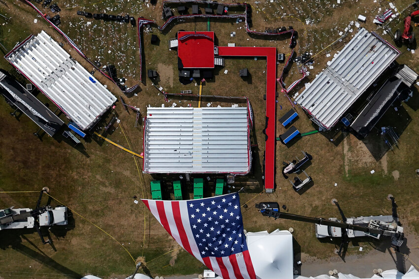 This aerial photo of the Butler Farm Show, site of the Saturday, July 13, 2024, Trump campaign rally, shown Monday, July 15, 2024, in Butler, Pa. On Saturday, Republican presidential candidate former President Donald Trump was wounded during an assassination attempt while speaking at the rally. (AP Photo/Gene J. Puskar)