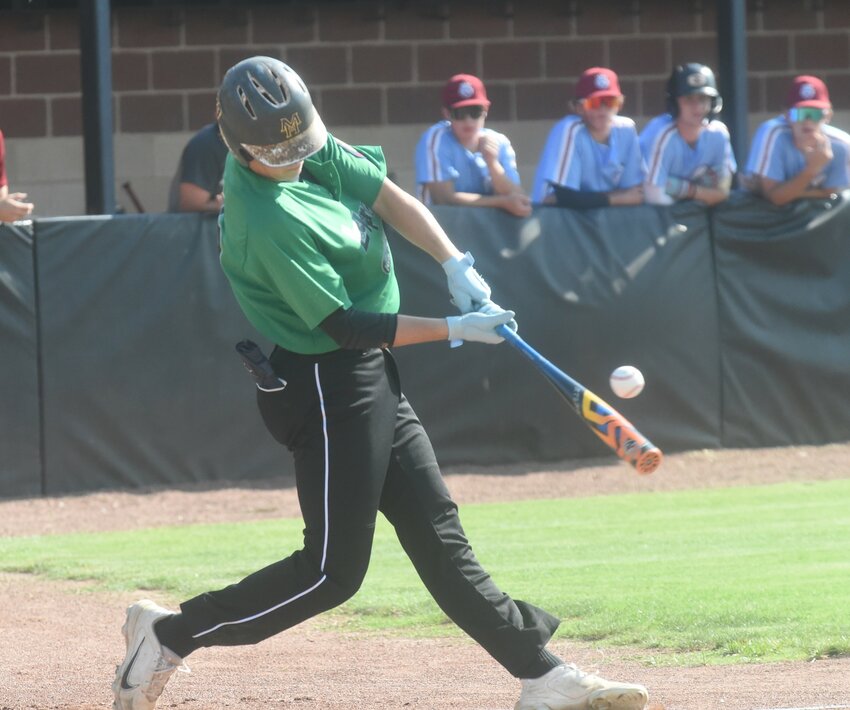 Lockeroom's Jackson Corp connects with a pitch for a hit against Springdale on Thursday.
