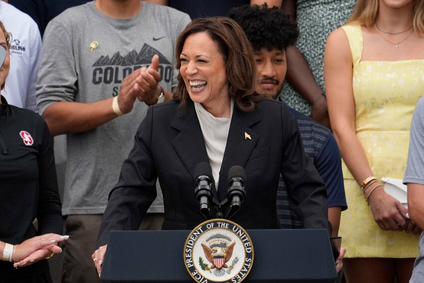 Vice President Kamala Harris speaks from the South Lawn of the White House on Monday in Washington during an event with NCAA college athletes. This is her first public appearance since President Joe Biden endorsed her to be the next presidential nominee of the Democratic Party.


Alex Brandon/AP Photo