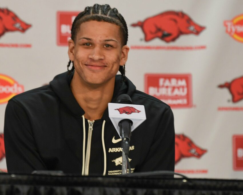 University of Arkansas standout Trevon Brazile, the team's only returning member from the 2023-24 season, speaks a a press conference in Fayetteville. Brazile said it was a 