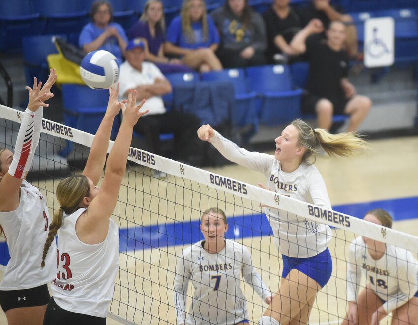 Mountain Home's Deanna Human hits against Brookland on Monday night at The Hangar.