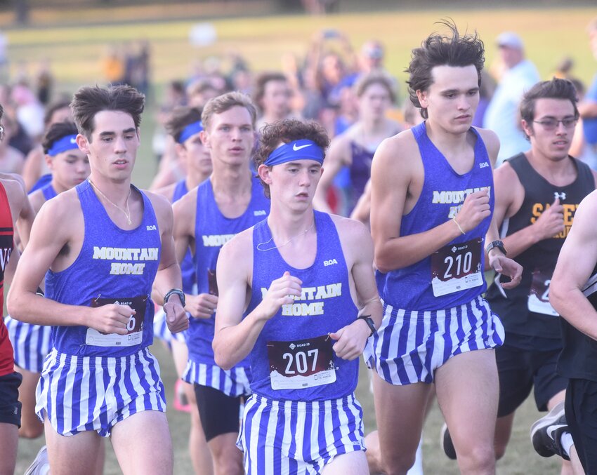 Mountain Home's Garrett Barr (from left), Trenton Smith, Jackson Free, and Connor King compete at the start of the Bomber Invitational on Thursday at ASU-Mountain Home.