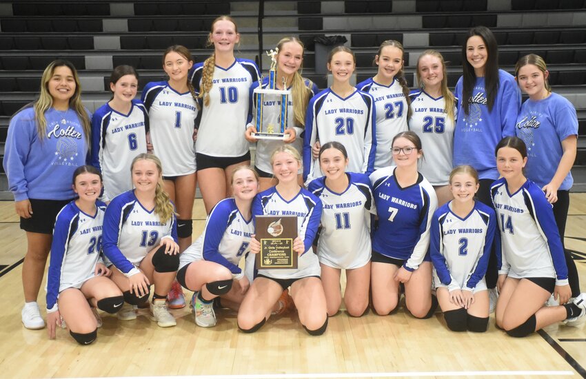 Cotter's junior high volleyball team won the 2A-2 Junior District volleyball championship Saturday at Izard County. Members of the team are: (front row, from left) Kenzie Cowart, Addy Amaral, Kaydence Kawell, Riley Brotherton, Reagan Cowart, Alli Deaton, Nide Raycraft, Kinnley Harris; (back row) assistant coach Ashley Garay, Addi Wilhite, Bailey Ivens, Lily McNutt, Myah McNutt, Kinnley Cowart, Aubree Beard, Anna Beth Roark, head coach Nikki Guthrie, and manager Jaylen Berg.