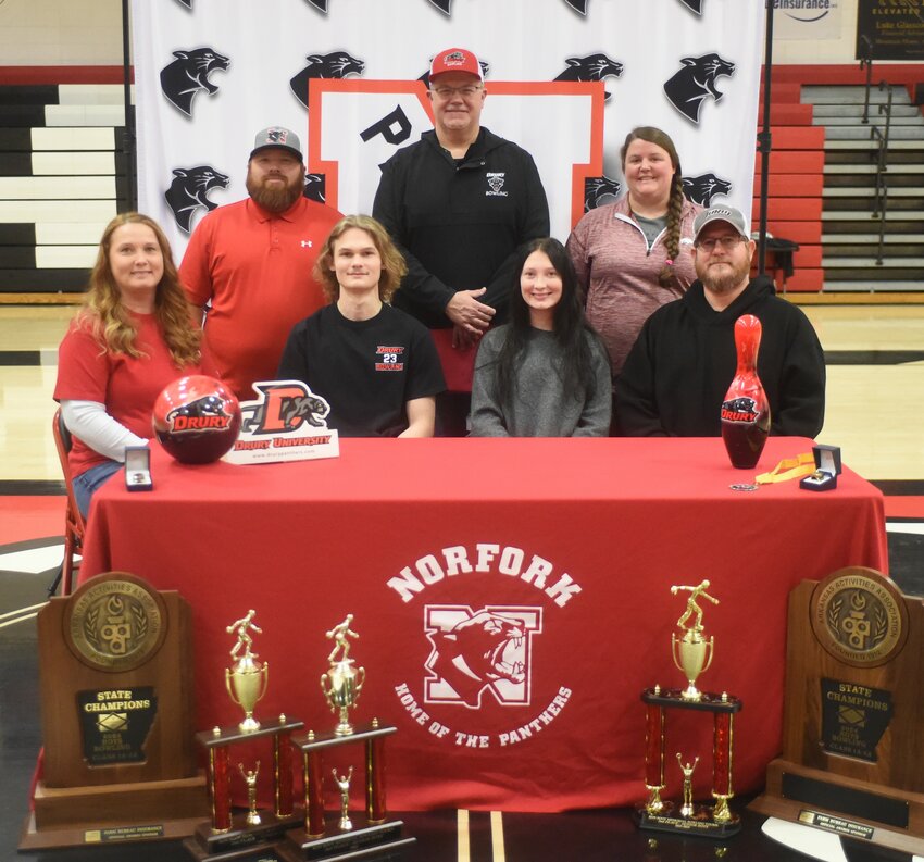 Norfork's Lincoln Havner signed Thursday to join Drury University's bowling program in the fall. Pictured are: (front row, from left) Stacy Havner, Lincoln Havner, Grayson Havner, Clayton Havner; (back row) Norfork coach Joe Olson, Drury head coach Ted Barbee, and Norfork coach Keela Olson.