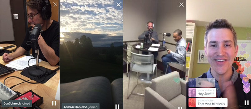 All broadcast through Periscope, left to right: Jay Sekulow of the ACLJ prepares for a radio broadcast, Dalton pastor Brian Branam reads through a Psalm from his back porch, LifeWay president Thom Rainer's team prepares for a podcast, and author Jon Acuff talks with fans. 