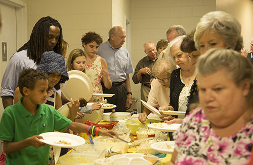Following services commemorating First Baptist Ringgold's 175th anniversary, members gather for a fellowship meal.