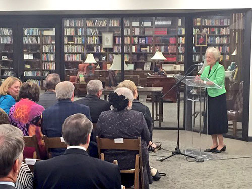 Joyce Rogers, Adrian Rogers' widow, speaks to those gathered at the official unveiling of the section at Southwestern Seminary containing the donated books of one of Southern Baptists' greatest statesmen. @SBTS/Twitter