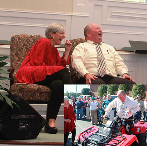 Angela and Garland Hullender react to a story from their 20 years at Naomi Baptist Church in LaFayette, where Garland has served that time as pastor. The church held a time of recognition for their ministry Oct. 18 and presented him with a new 4-wheeler. NAOMI BC/Facebook