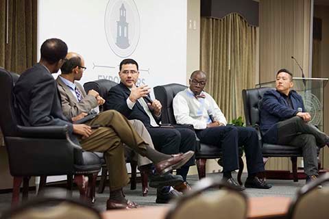 A panel discussion at the preconference event on racial reconciliation featured (left to right): Southern Seminary professors Kevin Smith and Jarvis Williams; pastor Juan Sanchez of High Pointe Baptist Church in Austin TX; Curtis Woods of the Kentucky Baptist Convention; and pastor Dan Hyun of The Village Church in Baltimore, MD.