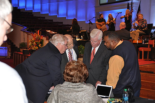 Jean Ward, far right, pastor of East Atlanta Church and president of the Georgia Baptist African American Fellowship, submits his motion Monday night requesting the Fellowship be granted a seat on the Executive Committee. The request was approved by a Tuesday morning vote of messengers. JOE WESTBURY/Index