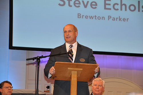Steven Echols addresses messengers for the first time since his inauguration as the 17th president of Brewton-Parker College on Oct. 13. Echols was one of Georgia Baptists’ three educational institutional presidents who gave their annual report to the Convention on Tuesday morning. JOE WESTBURY/Index