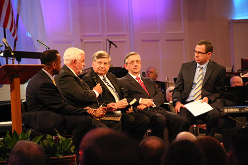 A panel discussion in the final session included, left to right, former Atlanta fire chief Kelvin Cochran, Glenn Sheppard of International Prayer Ministries, Claude King of LifeWay, and First Baptist, Dallas, TX Pastor Robert Jeffress. Outgoing GBC President Don Hattaway, far right, led the conversation.