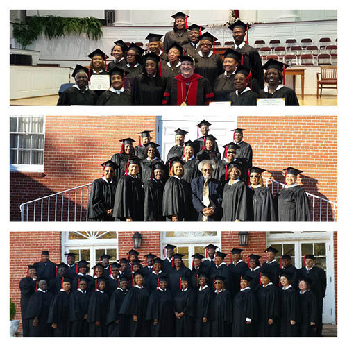 About 60 graduates, some pictured in the bottom photo, have received certificates in theological training in the past year through classes offered by New Orleans Seminary, said Robert Wilson, Certificate Center director for Georgia and Alabama. One set of recent graduates pose with NOBTS President Charles Kelley, top, at the seminary's campus. In the middle photo, Wilson stands with a set of graduates at Liberty Baptist Church in Fayetteville in December. ROBERT WILSON/Special