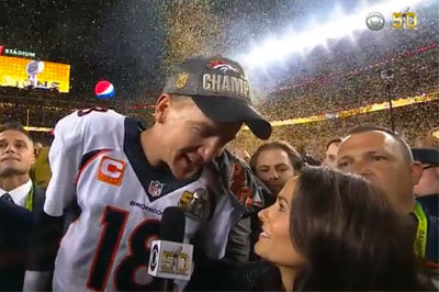 In a post-game interview to Super Bowl 50, Broncos quarterback Peyton Manning's comments on beer and God caught the attention of evangelicals. Screen grab cbssports.com