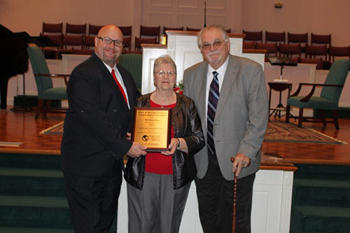 On Sunday, Jan. 24 Immanuel Baptist Church and the Georgia Baptist Mission Board recognized Dorothea King for having served as church organist for 40 years. King became the church organist when her husband, Rev. Ernest King, became Immanuel’s minister of music/youth in 1976. Morgan D. Kerr, pastor of Immanuel Baptist, is pictured presenting the GBMB plaque to King in recognition for her faithful service.
