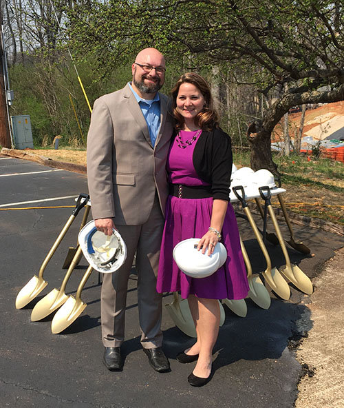 Emir and Hana Caner prepare to put on their construction hats and choose a shovel to break ground for the Blaurock Student Center, already referred to as "The Rock." GERALD HARRIS/Index