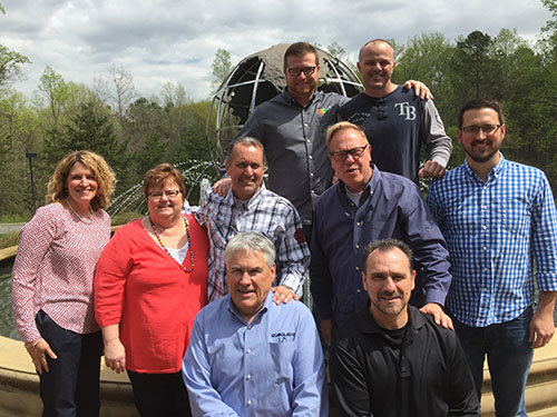 State Baptist student leaders, left to right, front row, Doug Couch (GA) and Steve Maltempi (LA); middle row, Cindy Fruitticher (GA), Merrie Johnson (NC), Steve Rohrlack (SC), Bruce Edwards (TN), and Brian Bone (GA); and back row, Scooter Kellum (AL) and Billy Young (FL). The group gathered at the Missions and Ministry Center in late March 2016 to plan Concave is a student leader training event among several state conventions. GERALD HARRIS/Index