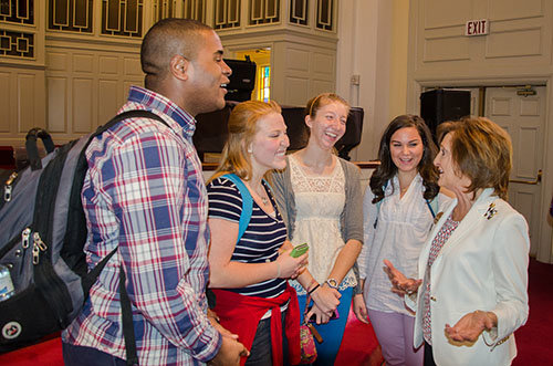 Trudy Cathy White talks with Shorter University students Caleb Britt, Taylor Wilkerson, Sydney Oden, and Hannah Lambert following her talk at the university’s chapel service on Wednesday, March 30. DAWN TOLBERT/Shorter