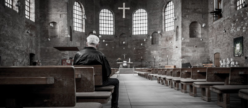 old man, church, sanctuary, pews