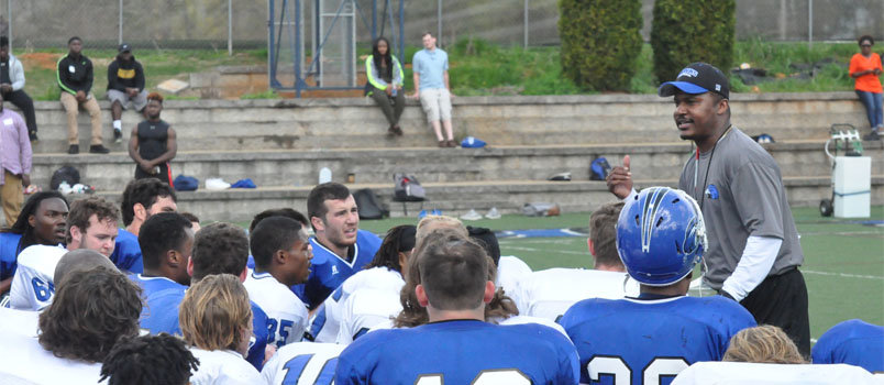Coach Kelton encourages teamwork and hard work in his motivational talk with the Shorter University Hawks football team. SHORTER UNIVERSITY/Index