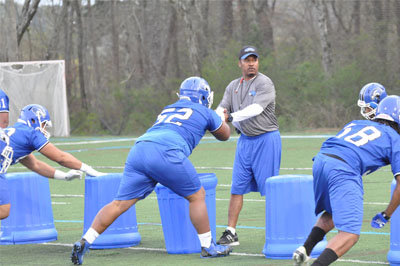 Coach Kelton did not have spring football practice at Williams College, his previous head coaching job, but in Rome spring practice for the Shorter Hawks is necessary for assessing talent and grooming players for the upcoming football season. SHORTER UNIVERSITY/Index