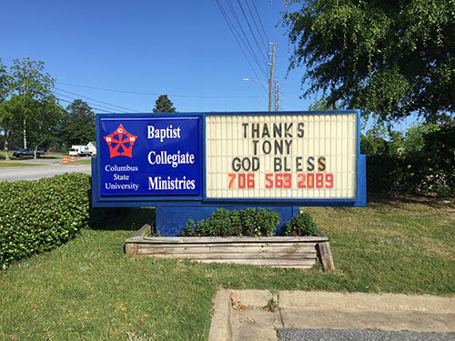 A sign outside the Columbus BCM thanks Tony Gray for 20 years of ministry. JOE WESTBURY/Index
