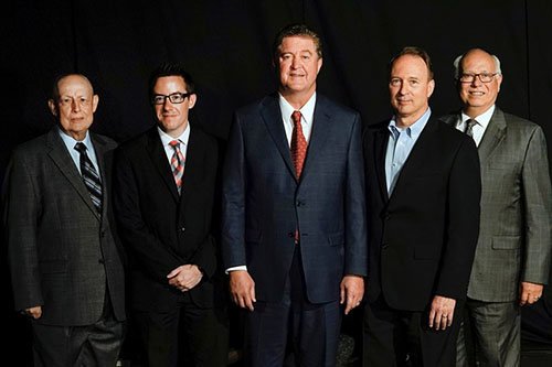 Newly-elected officers of the Southern Baptist Convention, left to right, are Jim Wells, registration secretary; Malachi O'Brien, second vice president; Steve Gaines, president; Doug Munton, first vice president; and John Yeats, recording secretary. The officers were elected Wednesday, June 15 during the annual meeting of the Southern Baptist Convention in St. Louis. ADAM COVINGTON/Special