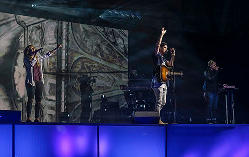 Melodie Malone, Kristian Stanfill, and Brett Younker, members of Passion Band, and members of Johnson Ferry Baptist Church in Marietta, perform during afternoon worship at the 2016 SBC Pastors' Conference Monday, June 13 in St. Louis. BILL BANGHAM/Special