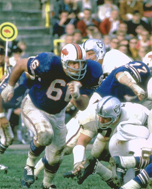 Billy Shaw, 66, pulls around to the right side of the line of scrimmage to block for a Bills’ running back against the Oakland Raiders. BILLY SHAW/Special