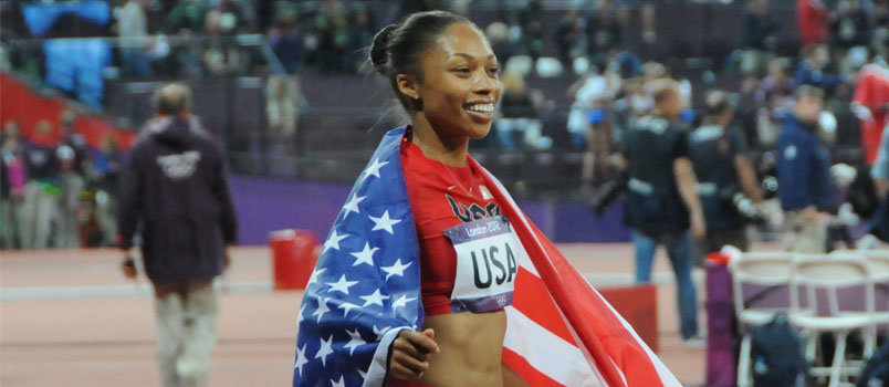 Allyson Felix celebrates winning the gold medal with her teammates after the 4 X 400 relay in London in 2012. In those Olympics Felix was the first U.S. woman to win three golds in athletics since Florence Griffith Joyner in 1988.