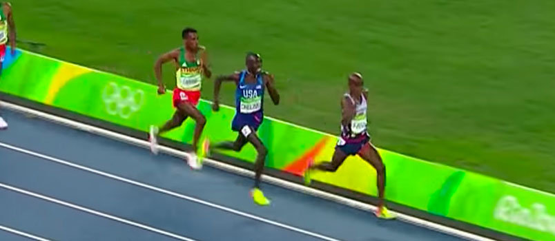 Former Shorter Universtiy runner Paul Chelimo stretches to catch Great Britain's Mo Farah at the end of the 5000m. Chelimo would go on to claim the silver medal in the event. YOUTUBE