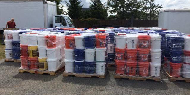 Some of the 1,584 Buckets of Care collected by Georgia Baptists await transport at Rehoboth Baptist Association in Warner Robins. GBDR/Special