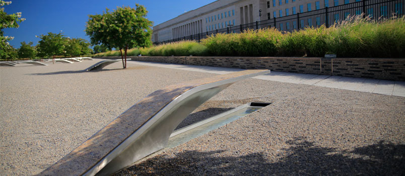 Benches honoring those who died on American Airlines Flight 77 as well as in the Pentagon mark the National 9/11 Pentagon Memorial. GETTY/Special 