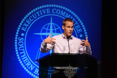 International Mission Board president David Platt addressed Southern Baptist Convention Executive Committee members during the committee's plenary session Sept. 20. "Let's work together," he urged, "to see thousands upon thousands of Southern Baptists proclaiming that Good News to the ends of the earth." MORRIS ABERNATHY/BP