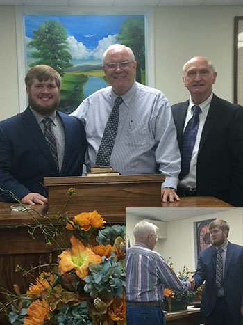 Left to right, Jay Chambers stands with Roger Lanter, pastor of Parkview Baptist in Rome, and Clinton Green, pastor of Pine Grove Baptist Church in Cartersville. Inset, Travis Chambers presents his grandson with a Bible and ordination certificate. JEFF CHAMBERS/Special