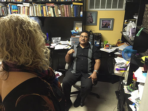 Pastor Samuel Rodriguez visits with a guest at the church-based radio station. Rodriguez, who turned 57 on April 26, recently celebrated his 29th anniversary of marriage to his wife, Marta. The couple have five children – 2 girls and 3 boys. JOE WESTBURY/Index