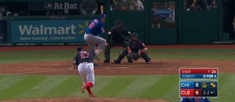 Chicago's Ben Zobrist zeroed in on a 2-1 pitch to score the go-ahead run after midnight EST to bring home the Cubs first championship in over a century. SCREEN GRAB mlb.com