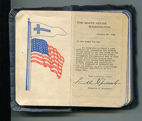 Copies of the New Testament given by President Franklin D. Roosevelt accompanied Georgia's 333rd Field Artillery Battallion in World War II. Georgia Private Robert Leroy Green and his brothers-in-arms fell to German soldiers in a Belgian village the Testaments discovered with them the following spring. The flyleaf of the New Testaments, pictured, contained words from the president depicting the Scripture as "a fountain of strength and now, as always, an aid in attaining the highest aspirations of the human soul." DENISE GEORGE/Special