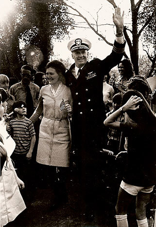 Navy Captain Eugene "Red" McDaniel and his wife Dorothy greet several hundred neighbors who celebrated his return from captivity in North Vietnam. Photo courtesy of Red McDaniel