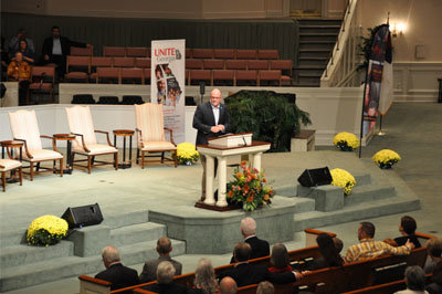 Georgia Baptist Convention President Thomas Hammond welcomed the crowd to the Inspirational Rally on Sunday night.  JOE WESTBURY/Index