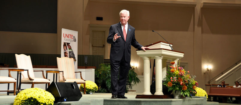 Georgia Baptist Mission Board Executive Director J. Robert White challenged guests to greater financial support of missions during the Inspirational Rally. JOE WESTBURY/Index
