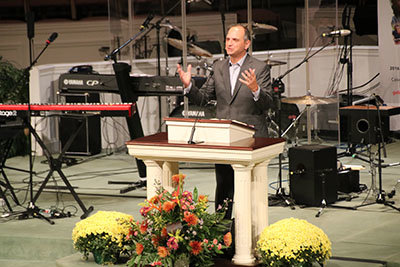 Anthony George, senior associate pastor of First Baptist Church in Atlanta, addresses those at the Georgia Baptist Preaching Conference.  SCOTT BARKLEY/Index