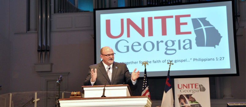 Georgia Baptist Convention President Thomas Hammond challenges messengers during his Monday evening report. JOE WESTBURY/Index