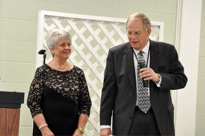 Bowen Baptist Association Director of Missions Ken Cloud, right, gave a tribute to his wife following the award ceremony. JOE WESTBURY/Index