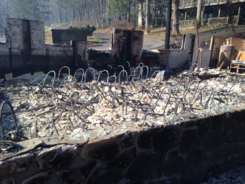 A photo taken by WVLT Knoxville reporter Kyle Grainger and shared on Twitter by WVLT reporter Dani Ruberti (@WVLTDani) shows the husks of chairs at First Baptist Gatlinburg after the church's building burned down.