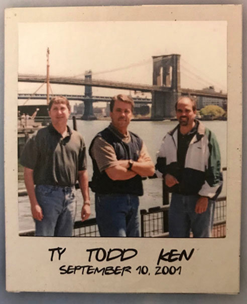 Left to right, Ty Wheeler, Todd Trainer, and Ken Harris pause during a moment of sightseeing in New York City on Sept. 10, 2001.