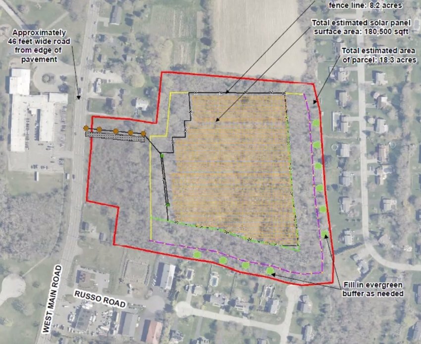 Aerial view shows location of the planned 3.16-megawatt, direct-current (DC) ground-mounted solar photovoltaic (PV) development on property less than a 10th of a mile north of Russo Road on the east side of West Main Road.