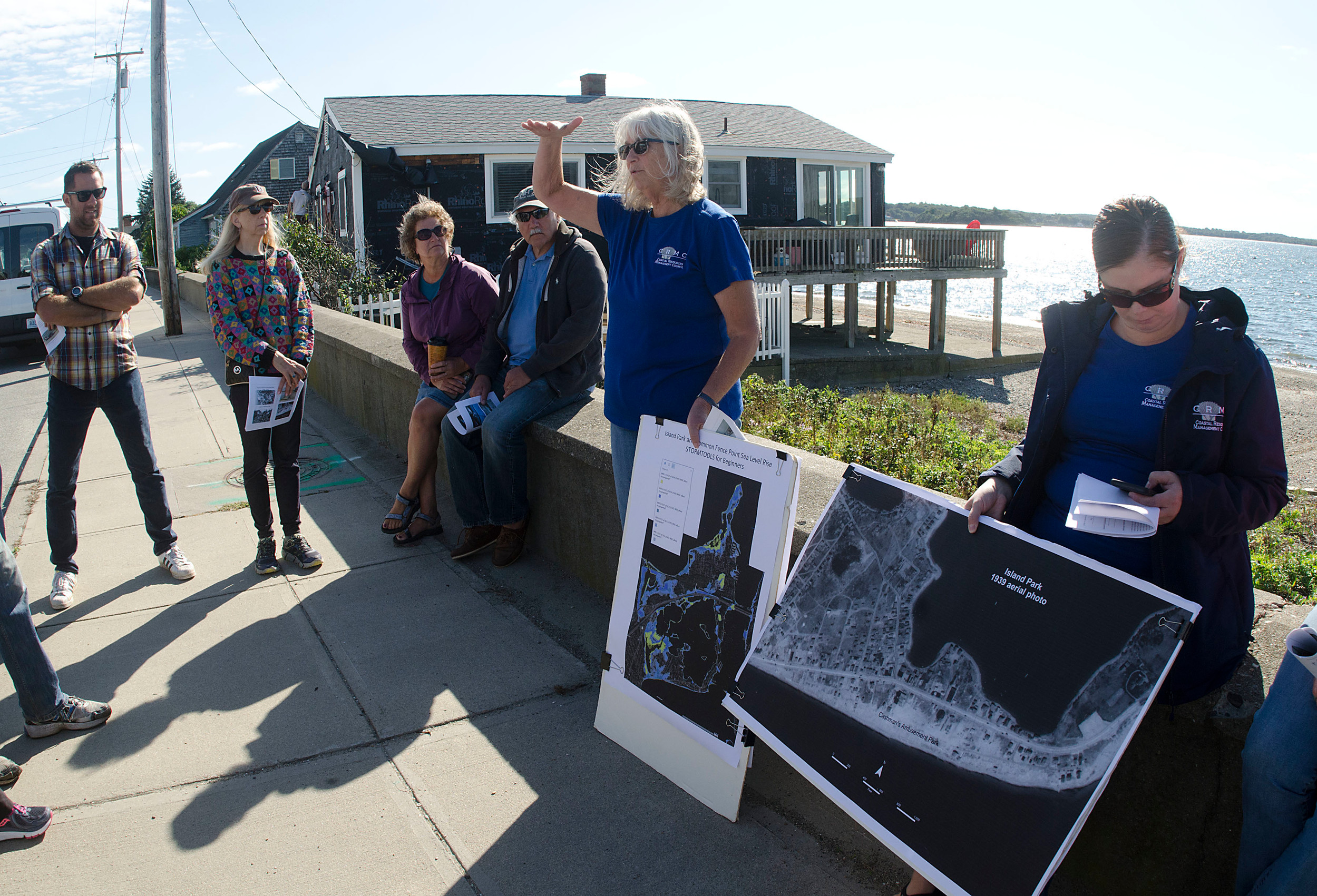 Janet Freedman (middle) and Laura Dywer (right) of CRMC speak during the 1938 Hurricane anniversary walking tour.