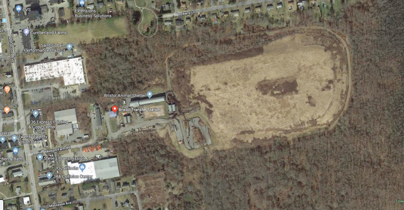 This aerial image from Google Earth shows the Bristol Transfer Station off Minuturn Farm Road, with the large, capped landfill area to the east. This site between Berry Lane and Tower Road would be home to 16,000 solar panels under an agreement the town.